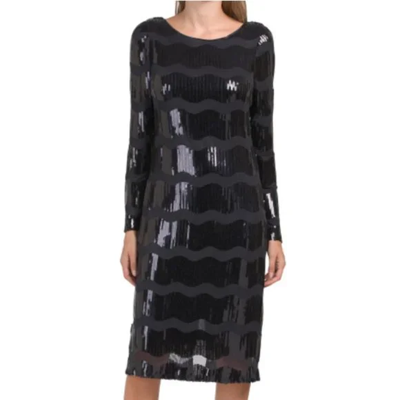 New NANETTE NANETTE LEPORE Wavy Sequin Striped Long Sleeve Dress size 8 Navy - Picture 4 of 6